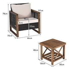 Juego de Muebles de Patio 3 Piezas 2 Sofás de Ratán PE con Mesa de Café con Cojines Lavables para Jardín Piscina Porche