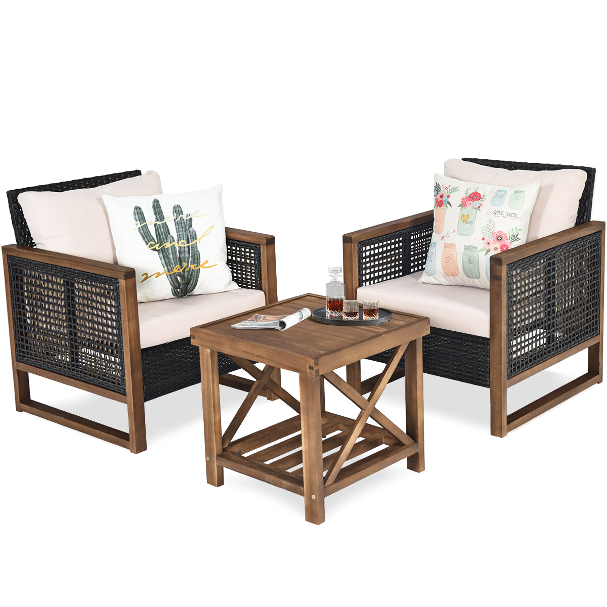Juego de Muebles de Patio 3 Piezas 2 Sofás de Ratán PE con Mesa de Café con Cojines Lavables para Jardín Piscina Porche