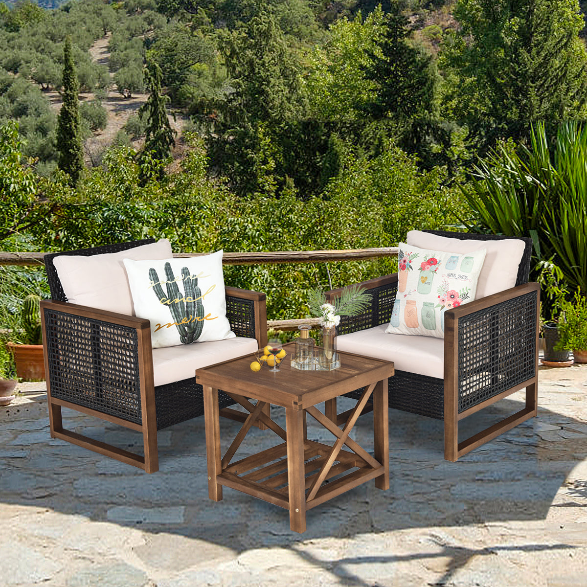 Juego de Muebles de Patio 3 Piezas 2 Sofás de Ratán PE con Mesa de Café con Cojines Lavables para Jardín Piscina Porche
