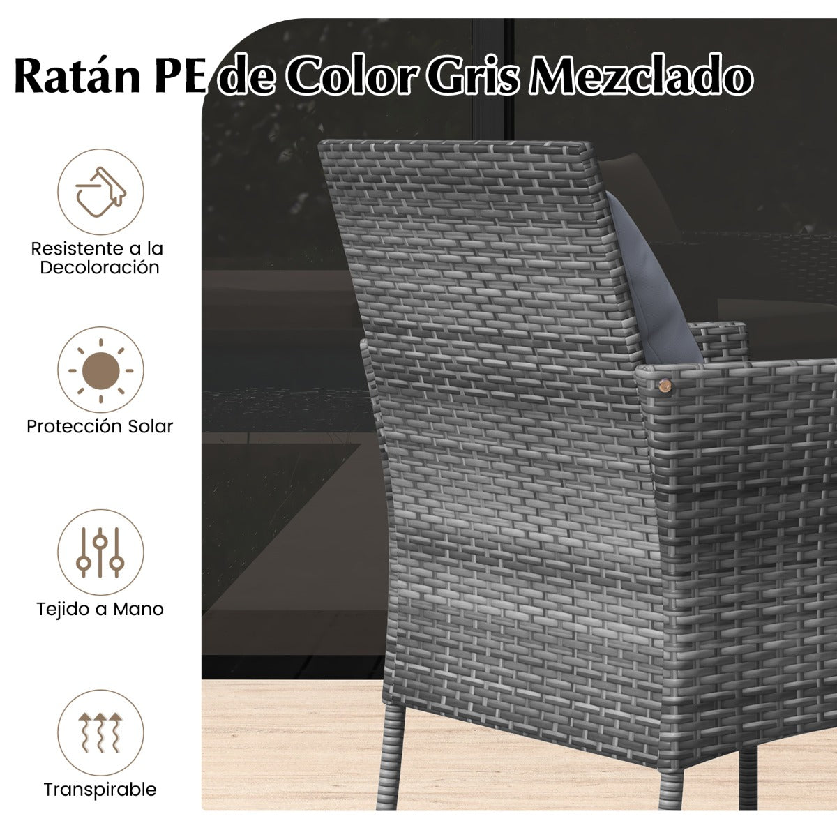 Juego de Muebles de Patio Sillas Acolchonadas y Mesa de Centro de Vidrio Templado para Balcón Gris Mixto