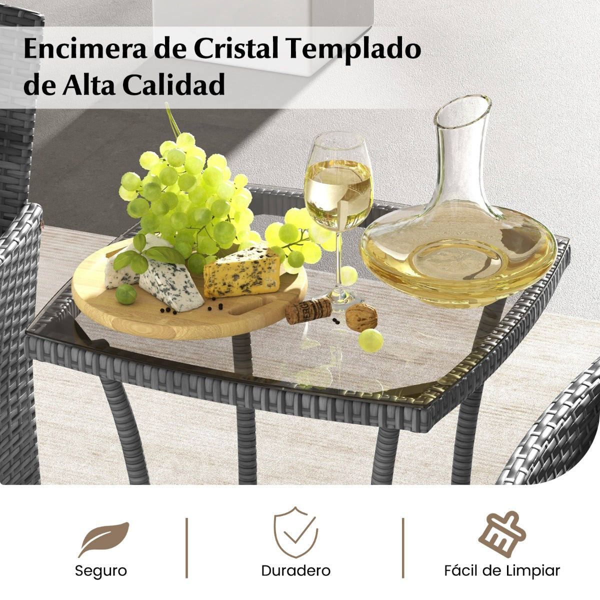 Juego de Muebles de Patio Sillas Acolchonadas y Mesa de Centro de Vidrio Templado para Balcón Gris Mixto