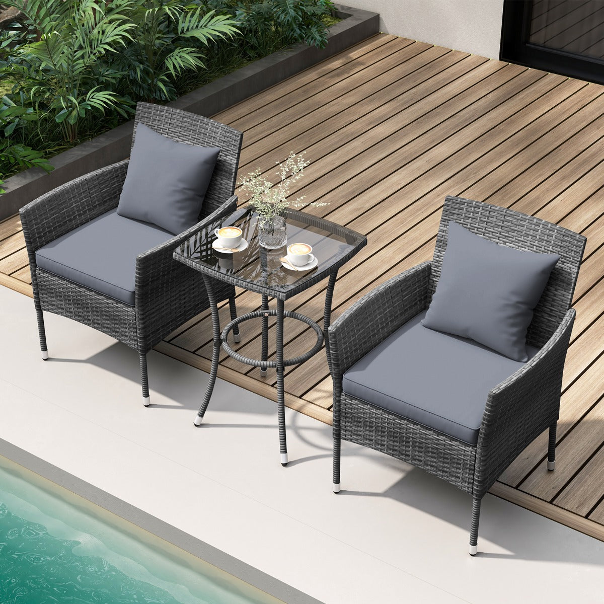 Juego de Muebles de Patio Sillas Acolchonadas y Mesa de Centro de Vidrio Templado para Balcón Gris Mixto