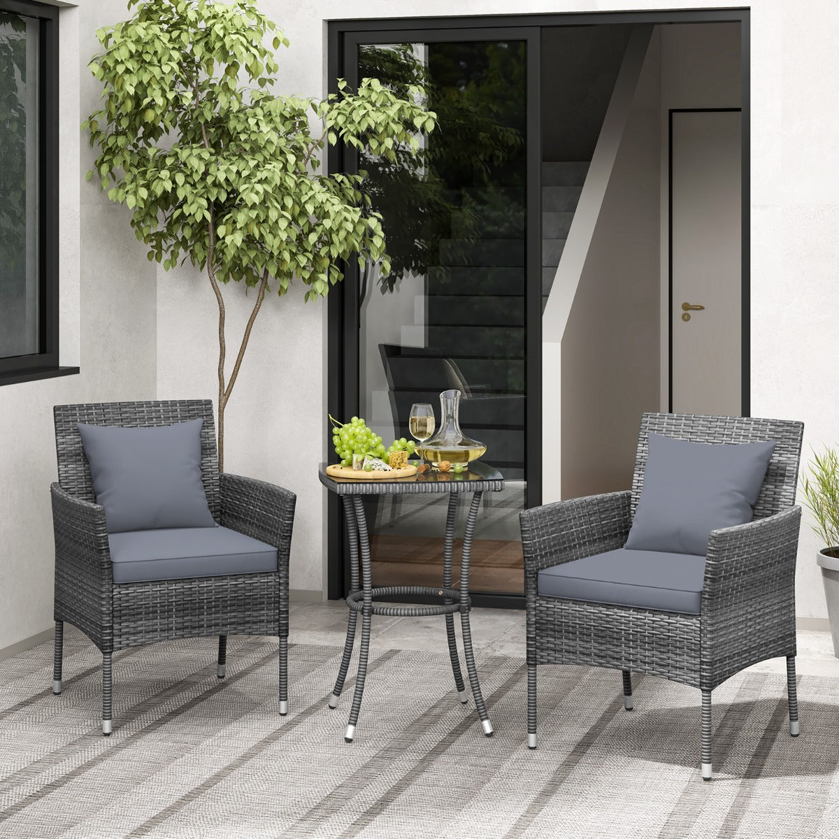 Juego de Muebles de Patio Sillas Acolchonadas y Mesa de Centro de Vidrio Templado para Balcón Gris Mixto