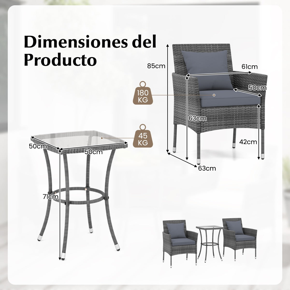 Juego de Muebles de Patio Sillas Acolchonadas y Mesa de Centro de Vidrio Templado para Balcón Gris Mixto