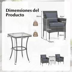 Juego de Muebles de Patio Sillas Acolchonadas y Mesa de Centro de Vidrio Templado para Balcón Gris Mixto