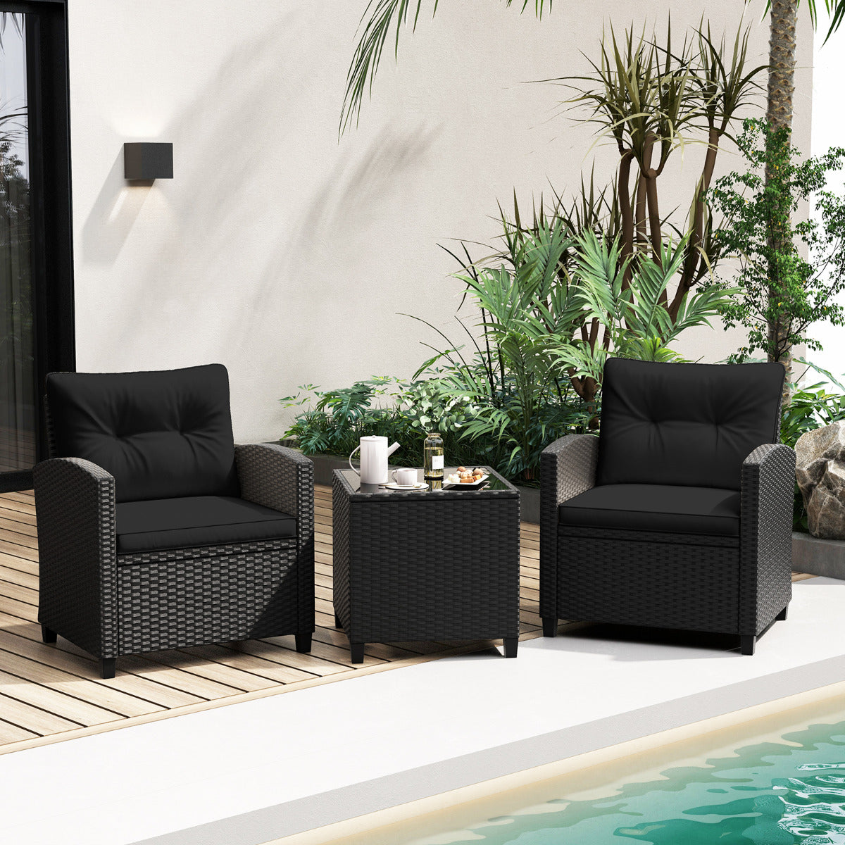 Juego de Muebles de Patio de 3 Piezas Set de Mueble de Ratán con Cojines de Asiento y Respaldo Mesa de Café de Vidrio Templado Negro