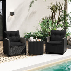 Juego de Muebles de Patio de 3 Piezas Set de Mueble de Ratán con Cojines de Asiento y Respaldo Mesa de Café de Vidrio Templado Negro