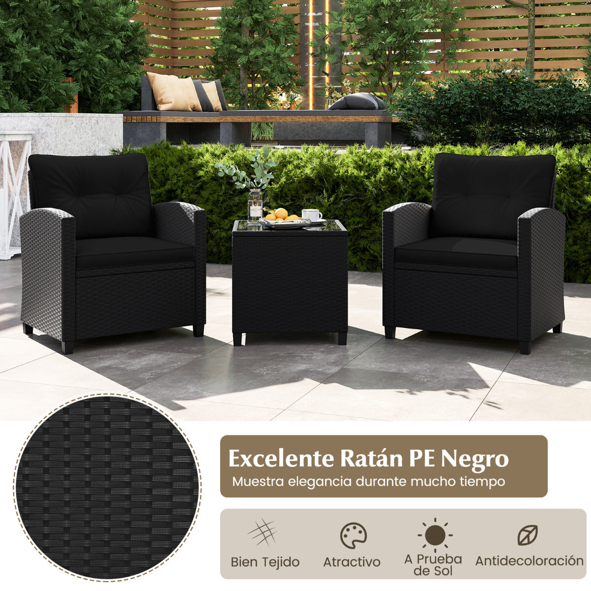 Juego de Muebles de Patio de 3 Piezas Set de Mueble de Ratán con Cojines de Asiento y Respaldo Mesa de Café de Vidrio Templado Negro