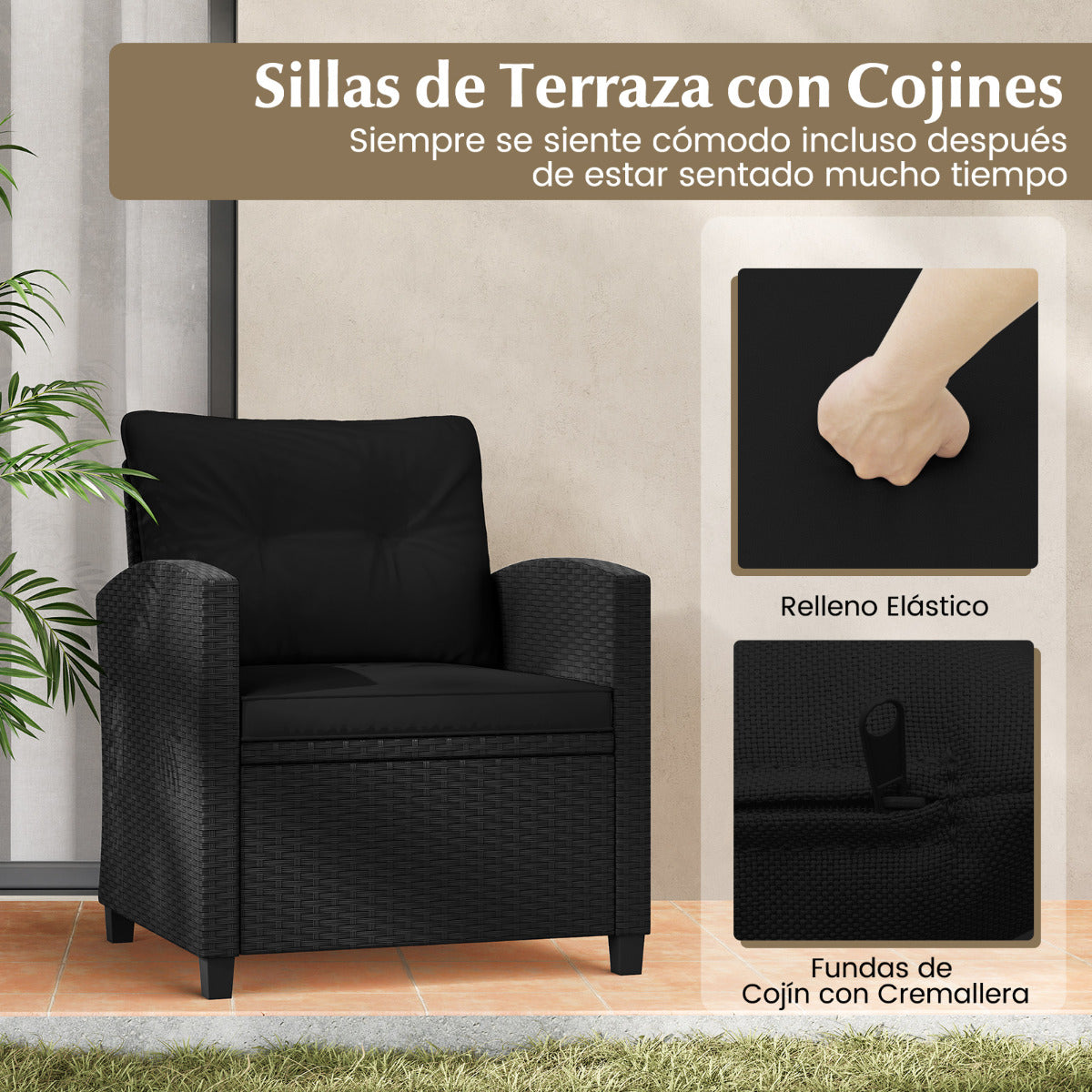 Juego de Muebles de Patio de 3 Piezas Set de Mueble de Ratán con Cojines de Asiento y Respaldo Mesa de Café de Vidrio Templado Negro