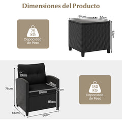 Juego de Muebles de Patio de 3 Piezas Set de Mueble de Ratán con Cojines de Asiento y Respaldo Mesa de Café de Vidrio Templado Negro