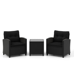 Juego de Muebles de Patio de 3 Piezas Set de Mueble de Ratán con Cojines de Asiento y Respaldo Mesa de Café de Vidrio Templado Negro