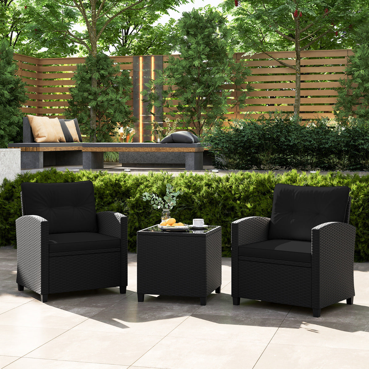 Juego de Muebles de Patio de 3 Piezas Set de Mueble de Ratán con Cojines de Asiento y Respaldo Mesa de Café de Vidrio Templado Negro