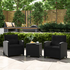 Juego de Muebles de Patio de 3 Piezas Set de Mueble de Ratán con Cojines de Asiento y Respaldo Mesa de Café de Vidrio Templado Negro