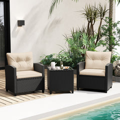 Juego de Muebles de Patio de 3 Piezas Set de Mueble de Ratán con Cojines de Asiento y Respaldo Mesa de Café de Vidrio Templado Marrón