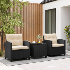 Juego de Muebles de Patio de 3 Piezas Set de Mueble de Ratán con Cojines de Asiento y Respaldo Mesa de Café de Vidrio Templado Marrón