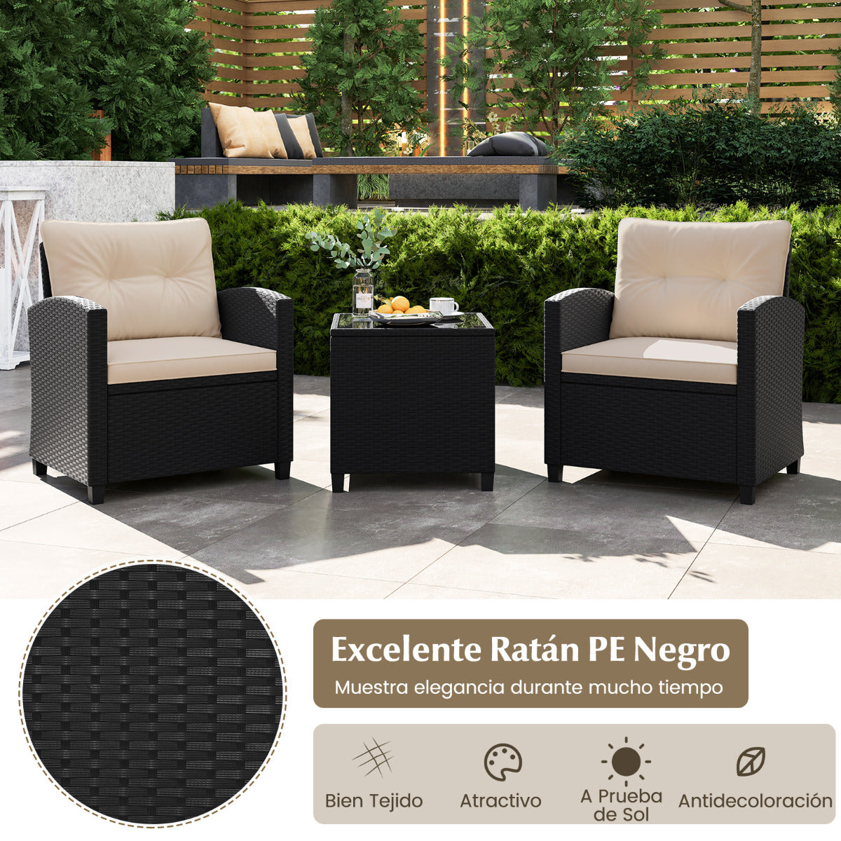 Juego de Muebles de Patio de 3 Piezas Set de Mueble de Ratán con Cojines de Asiento y Respaldo Mesa de Café de Vidrio Templado Marrón