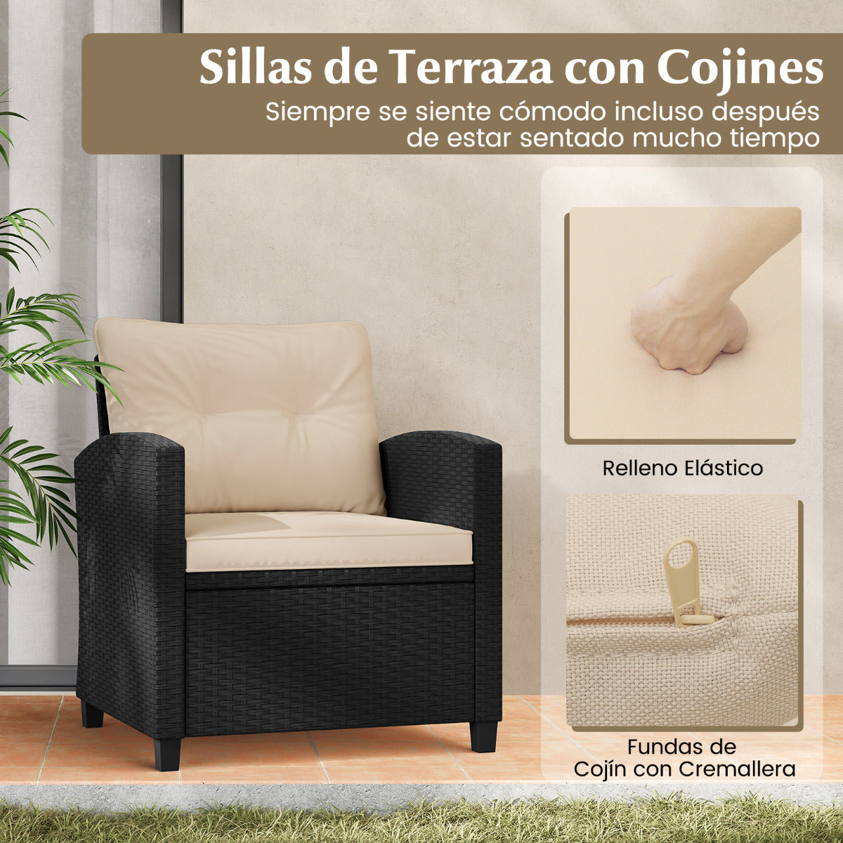 Juego de Muebles de Patio de 3 Piezas Set de Mueble de Ratán con Cojines de Asiento y Respaldo Mesa de Café de Vidrio Templado Marrón