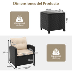 Juego de Muebles de Patio de 3 Piezas Set de Mueble de Ratán con Cojines de Asiento y Respaldo Mesa de Café de Vidrio Templado Marrón
