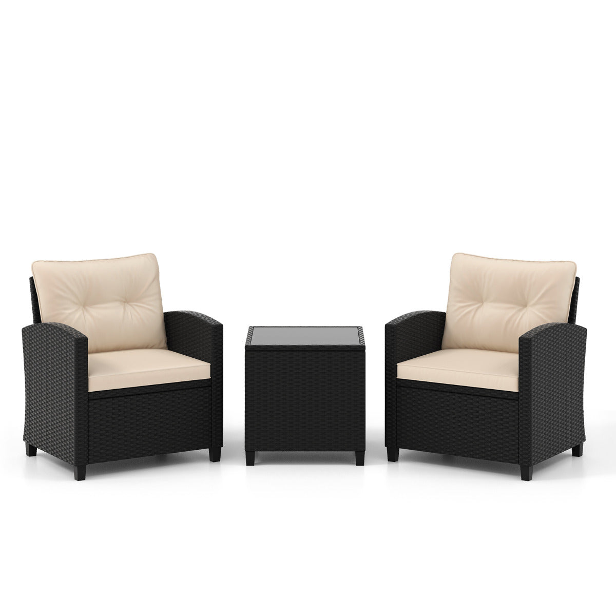 Juego de Muebles de Patio de 3 Piezas Set de Mueble de Ratán con Cojines de Asiento y Respaldo Mesa de Café de Vidrio Templado Marrón