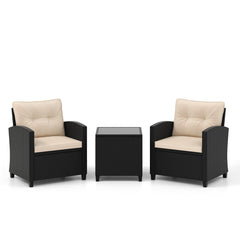 Juego de Muebles de Patio de 3 Piezas Set de Mueble de Ratán con Cojines de Asiento y Respaldo Mesa de Café de Vidrio Templado Marrón