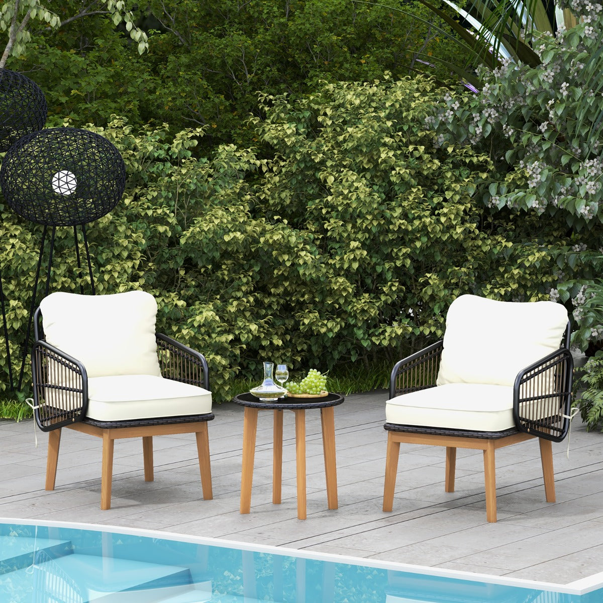 Juego de Muebles de Patio de 3 Piezas con Silla de Mimbre Cojines Suaves Mesa de Vidrio Templado Juego de Ratán para Exteriores Blanco