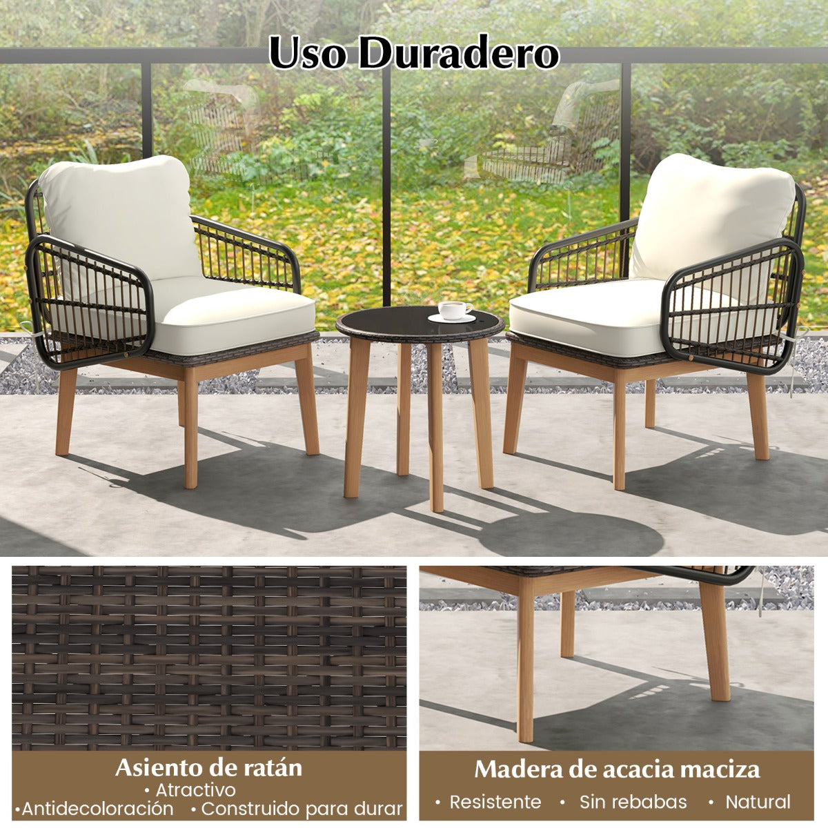 Juego de Muebles de Patio de 3 Piezas con Silla de Mimbre Cojines Suaves Mesa de Vidrio Templado Juego de Ratán para Exteriores Blanco
