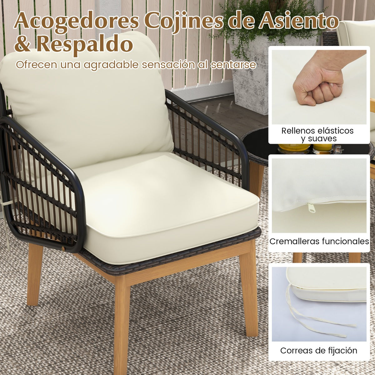 Juego de Muebles de Patio de 3 Piezas con Silla de Mimbre Cojines Suaves Mesa de Vidrio Templado Juego de Ratán para Exteriores Blanco