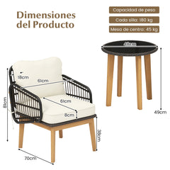 Juego de Muebles de Patio de 3 Piezas con Silla de Mimbre Cojines Suaves Mesa de Vidrio Templado Juego de Ratán para Exteriores Blanco