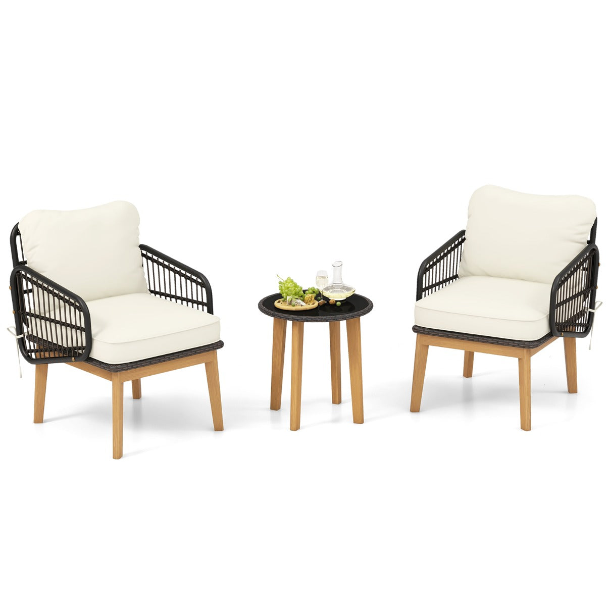 Juego de Muebles de Patio de 3 Piezas con Silla de Mimbre Cojines Suaves Mesa de Vidrio Templado Juego de Ratán para Exteriores Blanco