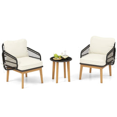Juego de Muebles de Patio de 3 Piezas con Silla de Mimbre Cojines Suaves Mesa de Vidrio Templado Juego de Ratán para Exteriores Blanco