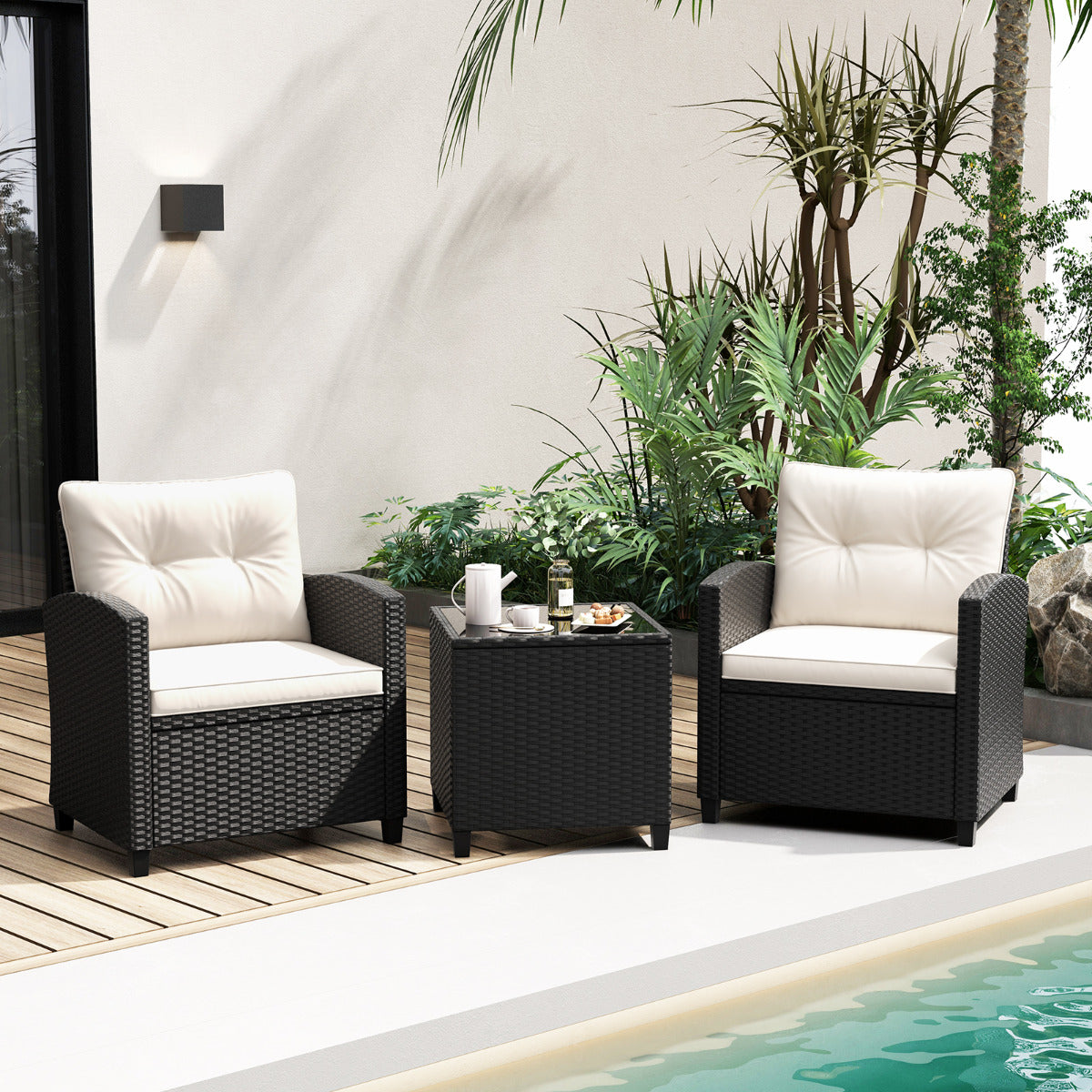 Juego de Muebles de Patio de 3 Piezas Set de Mueble de Ratán con Cojines de Asiento y Respaldo Mesa de Café de Vidrio Templado Blanco