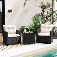 Juego de Muebles de Patio de 3 Piezas Set de Mueble de Ratán con Cojines de Asiento y Respaldo Mesa de Café de Vidrio Templado Blanco