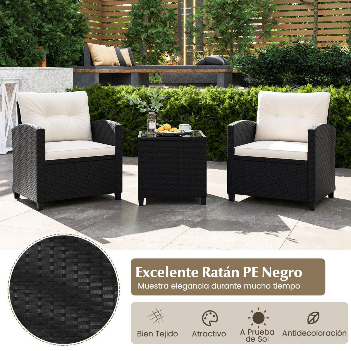 Juego de Muebles de Patio de 3 Piezas Set de Mueble de Ratán con Cojines de Asiento y Respaldo Mesa de Café de Vidrio Templado Blanco