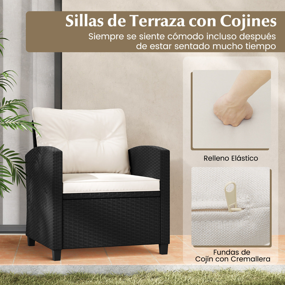 Juego de Muebles de Patio de 3 Piezas Set de Mueble de Ratán con Cojines de Asiento y Respaldo Mesa de Café de Vidrio Templado Blanco