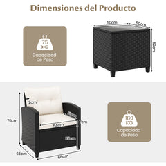 Juego de Muebles de Patio de 3 Piezas Set de Mueble de Ratán con Cojines de Asiento y Respaldo Mesa de Café de Vidrio Templado Blanco