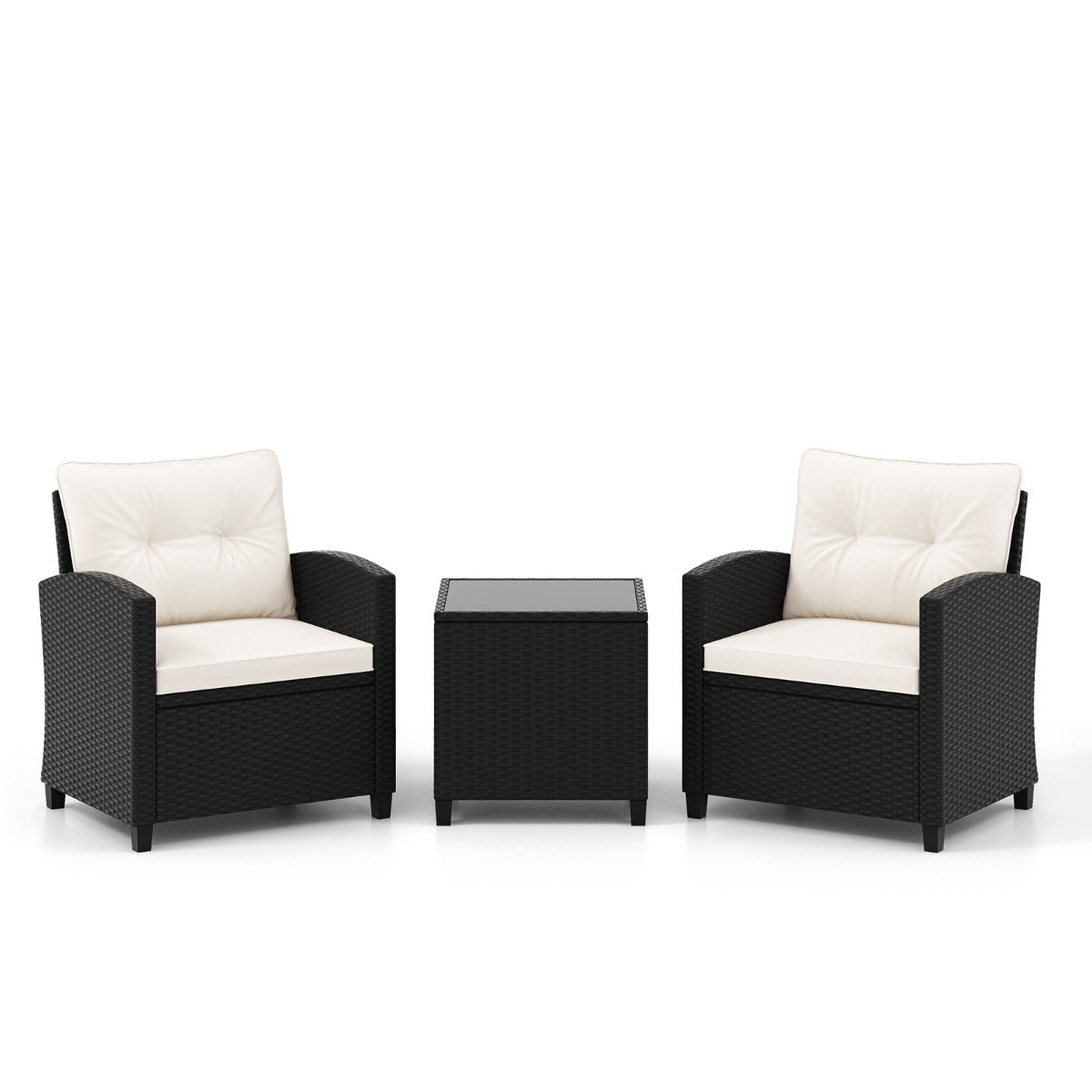 Juego de Muebles de Patio de 3 Piezas Set de Mueble de Ratán con Cojines de Asiento y Respaldo Mesa de Café de Vidrio Templado Blanco