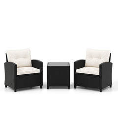 Juego de Muebles de Patio de 3 Piezas Set de Mueble de Ratán con Cojines de Asiento y Respaldo Mesa de Café de Vidrio Templado Blanco