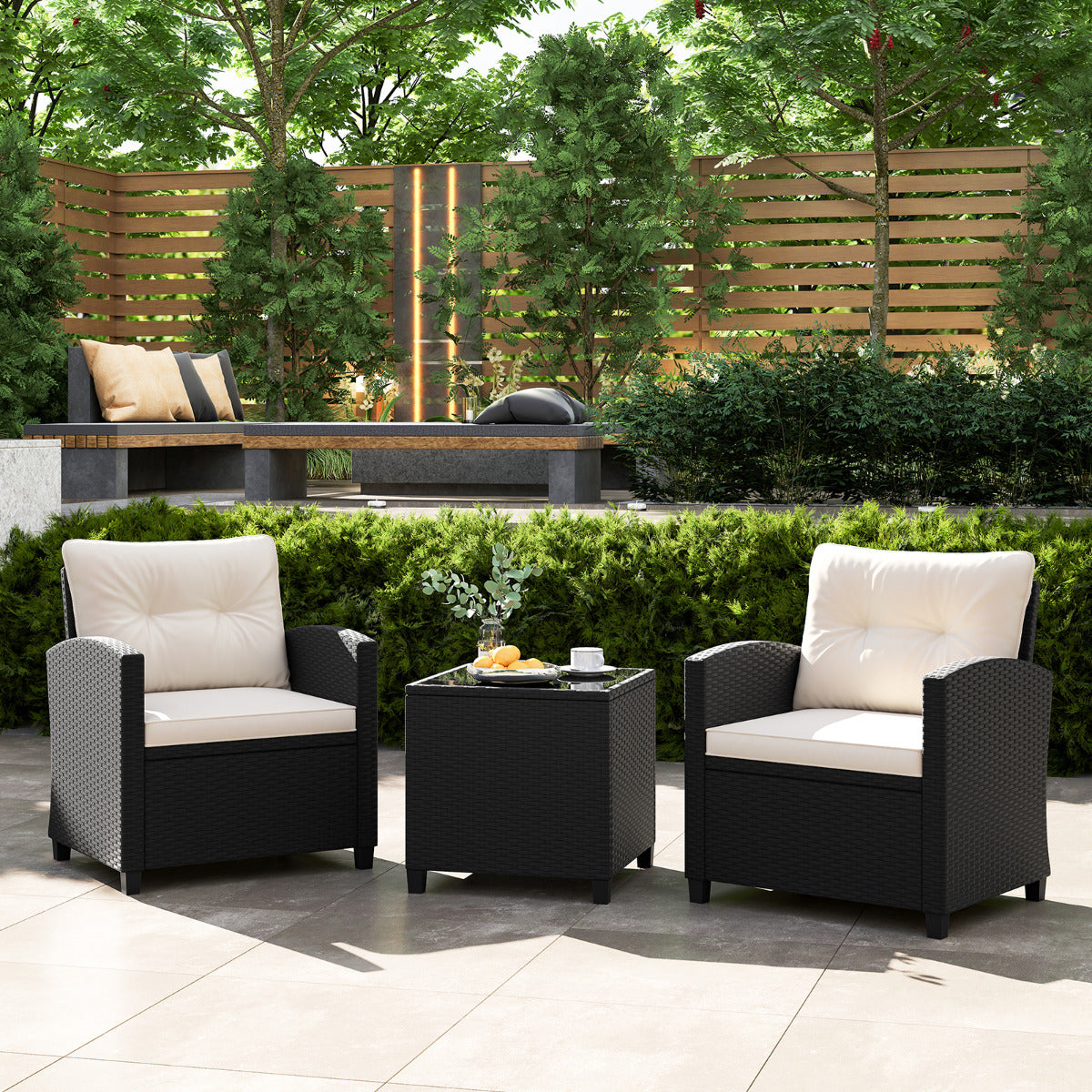 Juego de Muebles de Patio de 3 Piezas Set de Mueble de Ratán con Cojines de Asiento y Respaldo Mesa de Café de Vidrio Templado Blanco