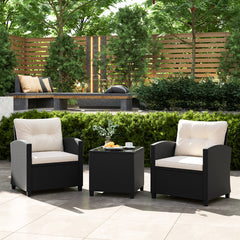 Juego de Muebles de Patio de 3 Piezas Set de Mueble de Ratán con Cojines de Asiento y Respaldo Mesa de Café de Vidrio Templado Blanco