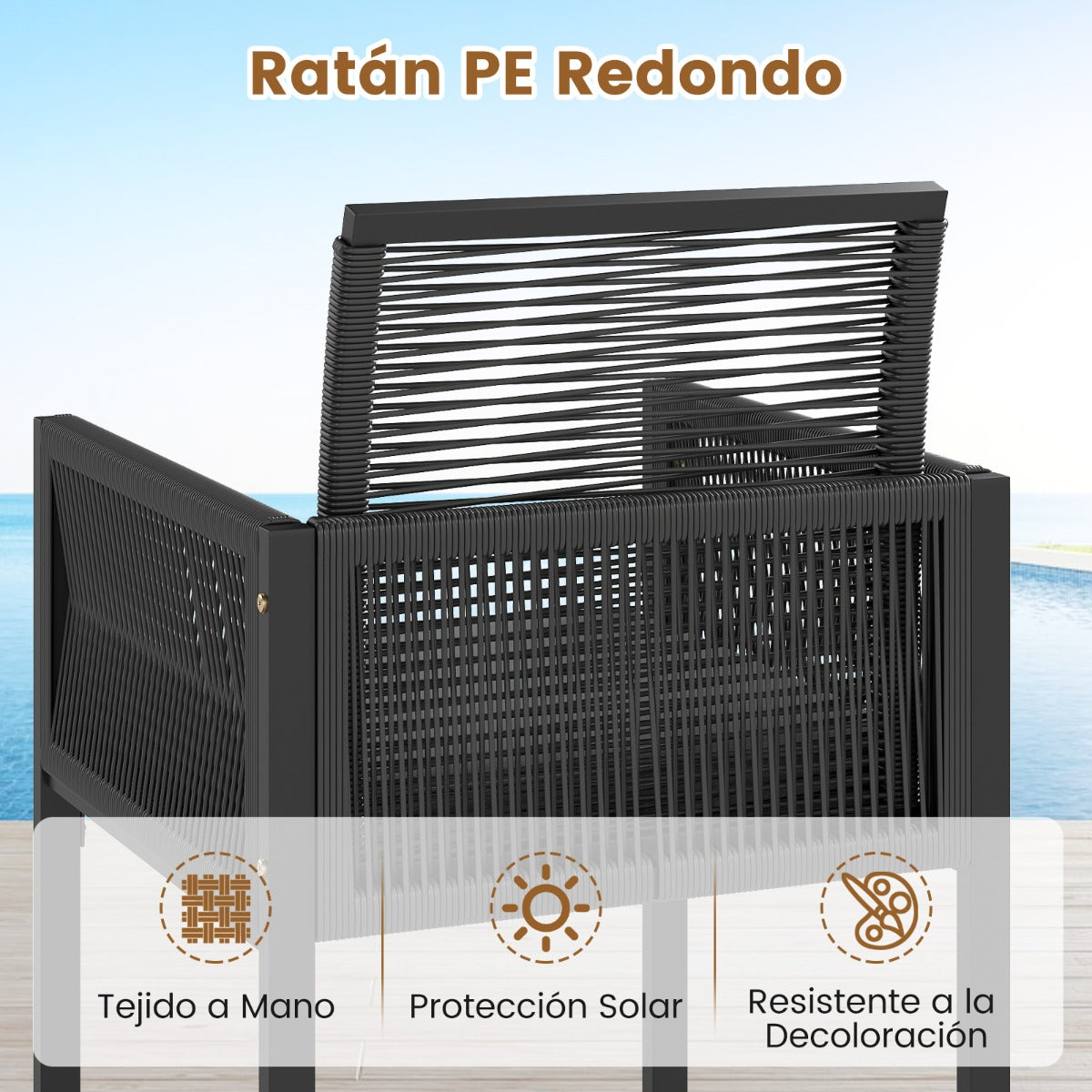 Juego de Muebles de Ratán PE Silla de Ratán y Mesa de Cristal Templado con Otomanas para Jardín Gris y Negro