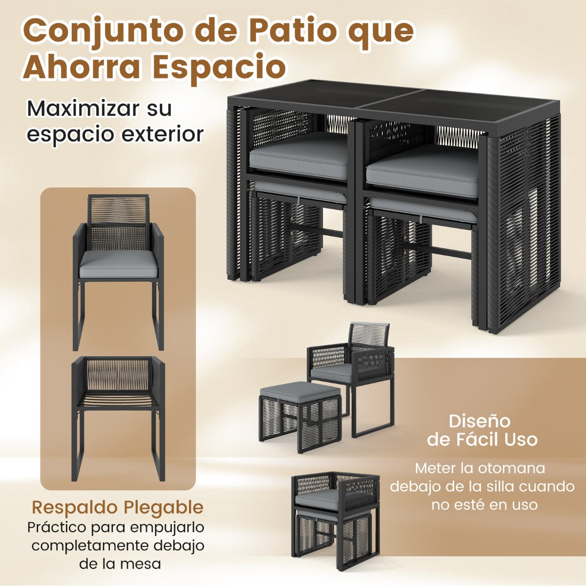 Juego de Muebles de Ratán PE Silla de Ratán y Mesa de Cristal Templado con Otomanas para Jardín Gris y Negro