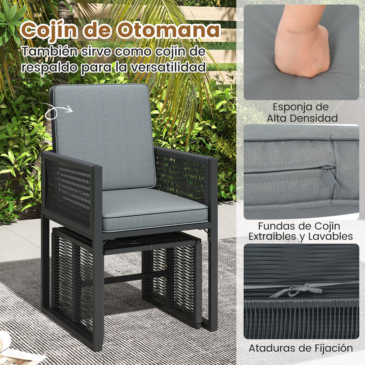 Juego de Muebles de Ratán PE Silla de Ratán y Mesa de Cristal Templado con Otomanas para Jardín Gris y Negro