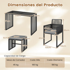 Juego de Muebles de Ratán PE Silla de Ratán y Mesa de Cristal Templado con Otomanas para Jardín Gris y Negro