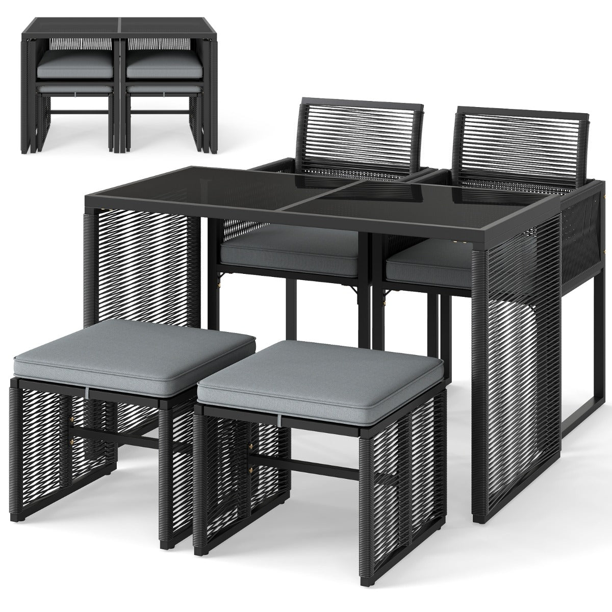 Juego de Muebles de Ratán PE Silla de Ratán y Mesa de Cristal Templado con Otomanas para Jardín Gris y Negro