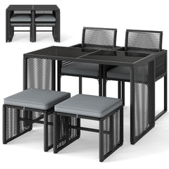Juego de Muebles de Ratán PE Silla de Ratán y Mesa de Cristal Templado con Otomanas para Jardín Gris y Negro