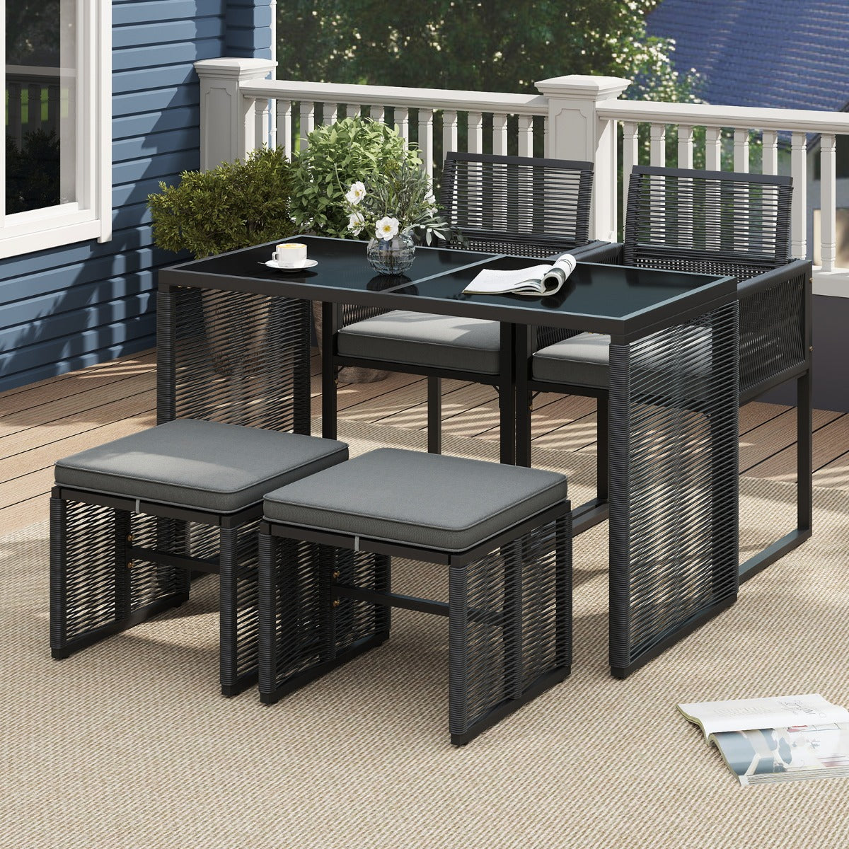 Juego de Muebles de Ratán PE Silla de Ratán y Mesa de Cristal Templado con Otomanas para Jardín Gris y Negro