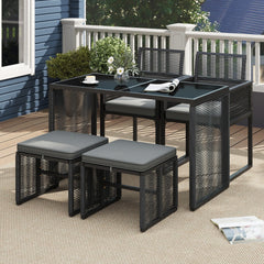 Juego de Muebles de Ratán PE Silla de Ratán y Mesa de Cristal Templado con Otomanas para Jardín Gris y Negro