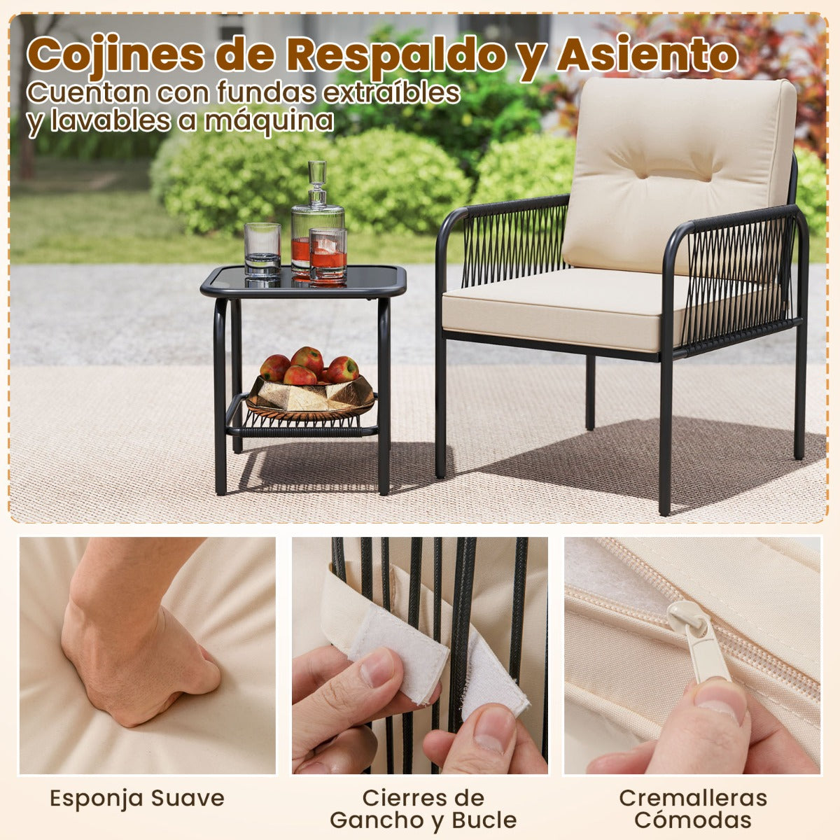Juego de Muebles de Rattan PE con Mesa de Vidrio Templado Sillas Cojines para Respaldo y Asiento