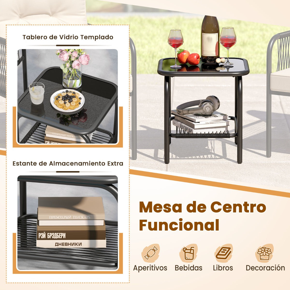 Juego de Muebles de Rattan PE con Mesa de Vidrio Templado Sillas Cojines para Respaldo y Asiento