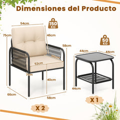 Juego de Muebles de Rattan PE con Mesa de Vidrio Templado Sillas Cojines para Respaldo y Asiento